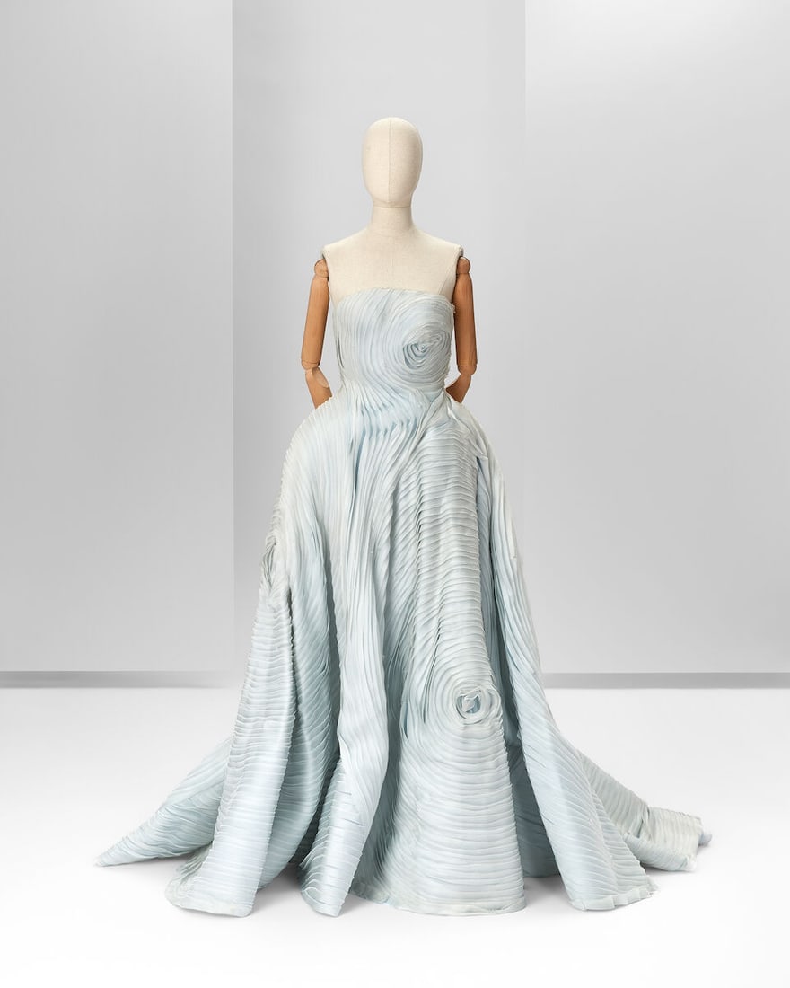 Ralph & Russo Haute Couture: Misty Blue Silk Organza Ballgown Spring/Summer 2016, Runway Look 17: Ralph & Russo Haute Couture: Misty Blue Silk Organza Ballgown Spring/Summer 2016, Runway Look 17 Misty blue silk organza strapless ballgown with shaped organza ribbon embroidery Approximate m