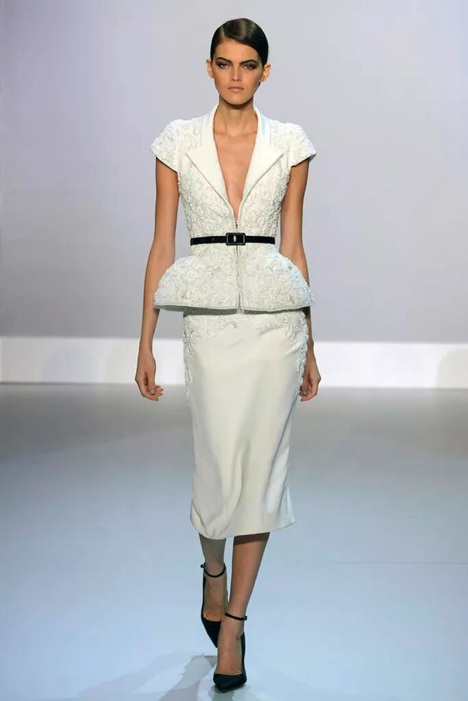 Ralph & Russo Haute Couture: White Silk Crêpe Marocain Embellished Jacket and Pencil Skirt - 4