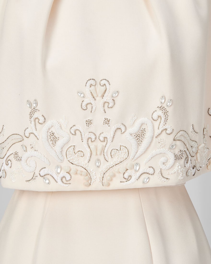 Ralph & Russo Haute Couture: White Silk Crêpe Tailored Pencil Dress with Embellished Cape  - 2