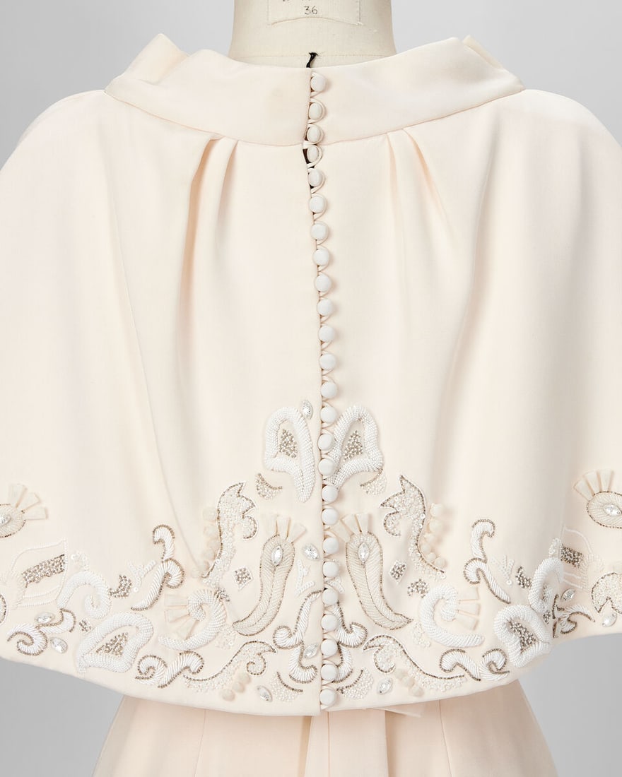 Ralph & Russo Haute Couture: White Silk Crêpe Tailored Pencil Dress with Embellished Cape  - 3