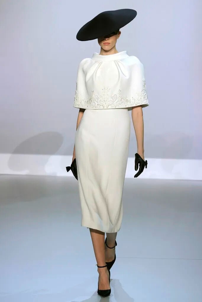 Ralph & Russo Haute Couture: White Silk Crêpe Tailored Pencil Dress with Embellished Cape  - 5