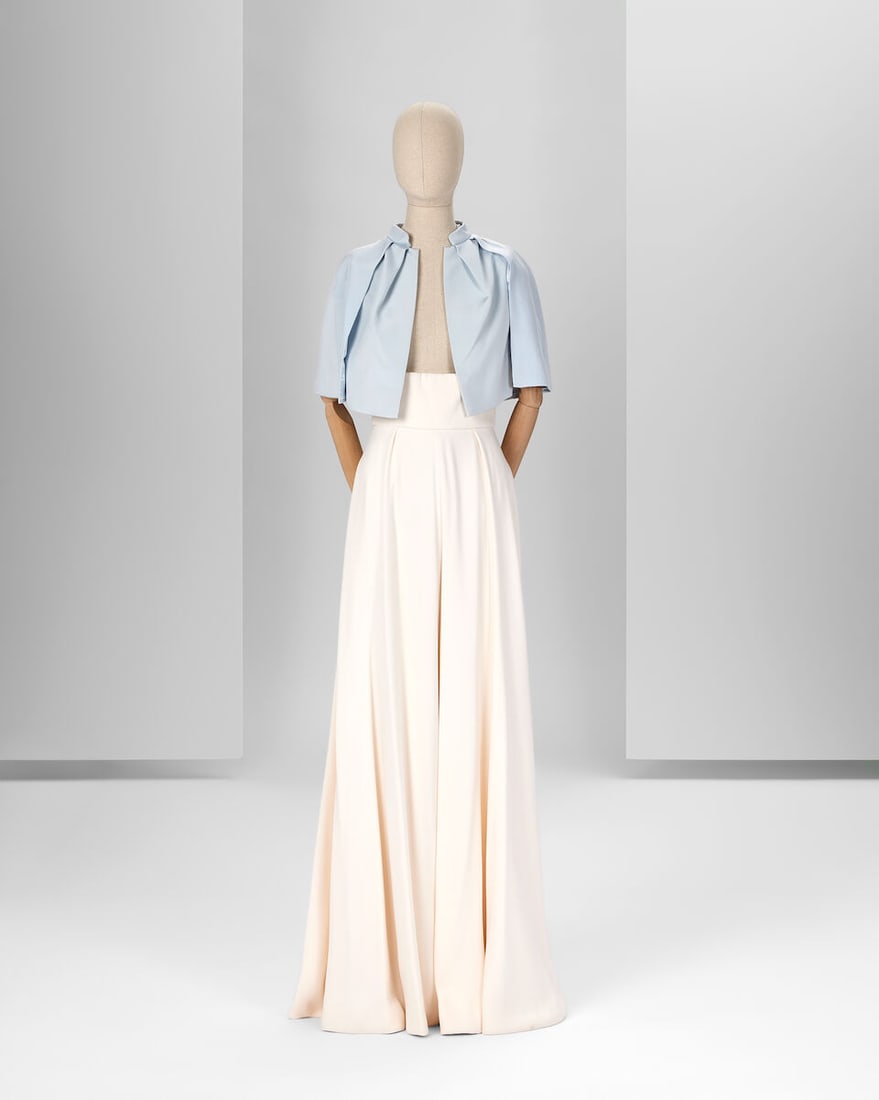 Ralph & Russo Haute Couture: White Silk Crêpe Palazzo Trousers and Light Blue Cape: Ralph & Russo Haute Couture: White Silk Crêpe Palazzo Trousers and Light Blue Cape White silk crêpe high-waisted Palazzo trousers, Autumn/Winter 2015, Runway Look 2, together with an