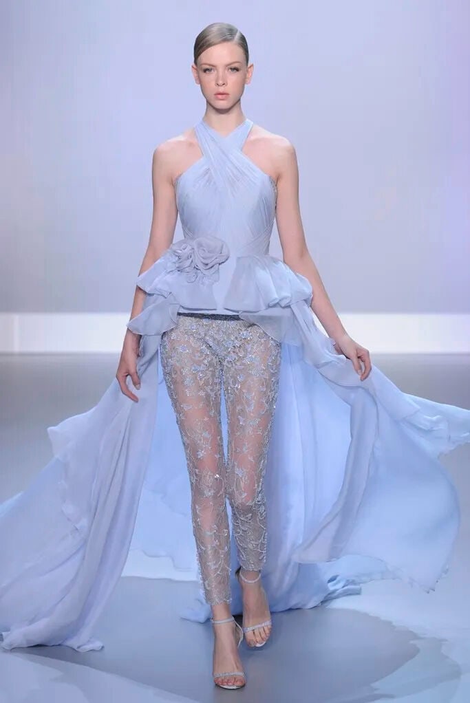 Ralph & Russo Haute Couture: Pale Blue Chiffon and Embellished Lace Peplum Bustier and Lace Trou - 6