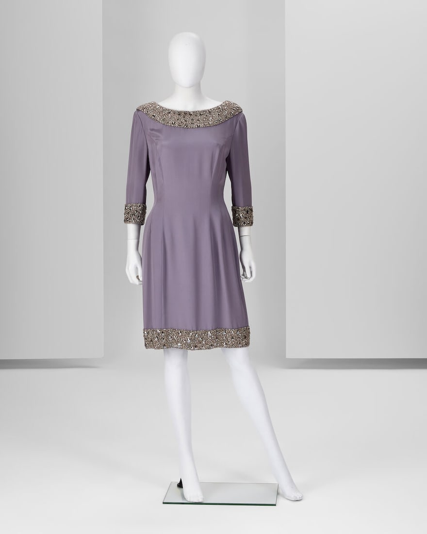 Ralph & Russo Haute Couture Exclusive: Dark Amethyst Cocktail Dress: Ralph & Russo Haute Couture Exclusive: Dark Amethyst Cocktail Dress Dark amethyst shiny silk crêpe cocktail dress with 3/4 sleeves and wide bot neckline. Embellished edges with hand encrusted