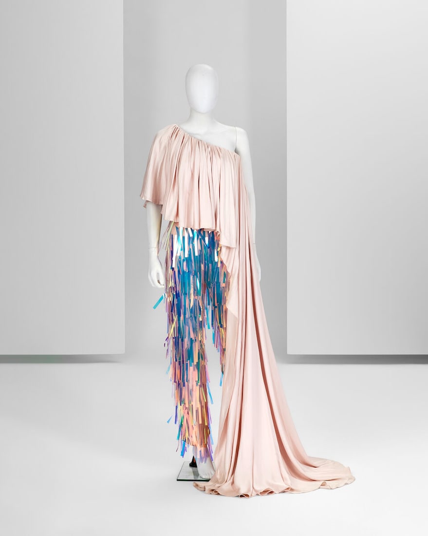 Ralph & Russo Haute Couture: Blush Pink and Iridescent Fringe Jumpsuit Spring/Summer 2019, Runwa: Ralph & Russo Haute Couture: Blush Pink and Iridescent Fringe Jumpsuit Spring/Summer 2019, Runway Look 30 Blush pink double satin and iridescent fringe jumpsuit, featuring an asymmetric sunray