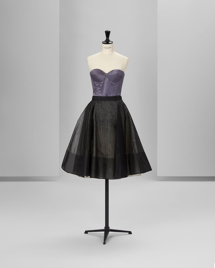 Ralph & Russo Haute Couture: Black Rigid Tulle Godet Skirt and Lavender Silk Satin Bustier: Ralph & Russo Haute Couture: Black Rigid Tulle Godet Skirt and Lavender Silk Satin Bustier Black rigid tulle godet knee-length skirt with high waistband, paired with a steel lavender silk satin he