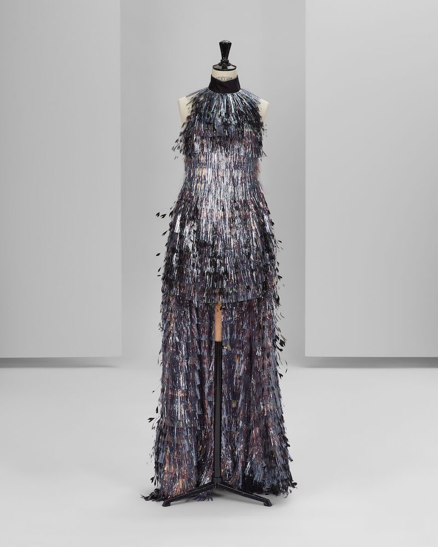 Ralph & Russo Haute Couture: Gunmetal and Pink Foil Mini Dress Autumn/Winter 2017, Runway Look 8: Ralph & Russo Haute Couture: Gunmetal and Pink Foil Mini Dress Autumn/Winter 2017, Runway Look 8 Gunmetal and pink foil fringed mini dress with train, hand appliquéd with devoré ostrich