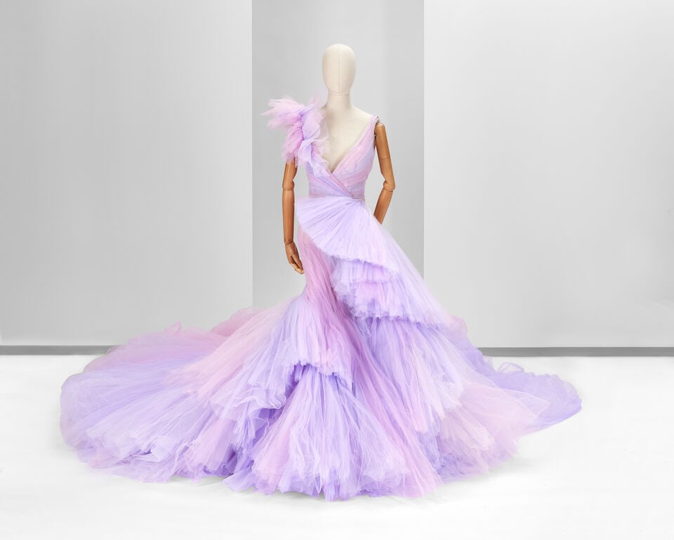 Ralph & Russo Haute Couture: Lavender and Pink Tulle Ballgown Autumn/Winter 2020, Runway Look 48: Ralph & Russo Haute Couture: Lavender and Pink Tulle Ballgown Autumn/Winter 2020, Runway Look 48 Lavender tulle ballgown, featuring an asymmetrically pleated bodice and tiered skirt, plunging neck