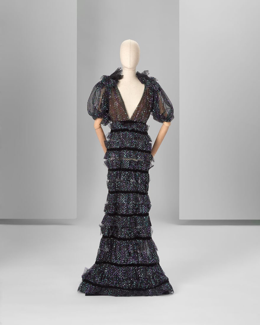 Ralph & Russo Haute Couture: Black Tulle Tiered Gown Autumn/Winter 2018, Runway Look 14: Ralph & Russo Haute Couture: Black Tulle Tiered Gown Autumn/Winter 2018, Runway Look 14 Black tulle gown with tiered ruffles and shoulder corsage detailing, embellished with multi-coloured tiffany