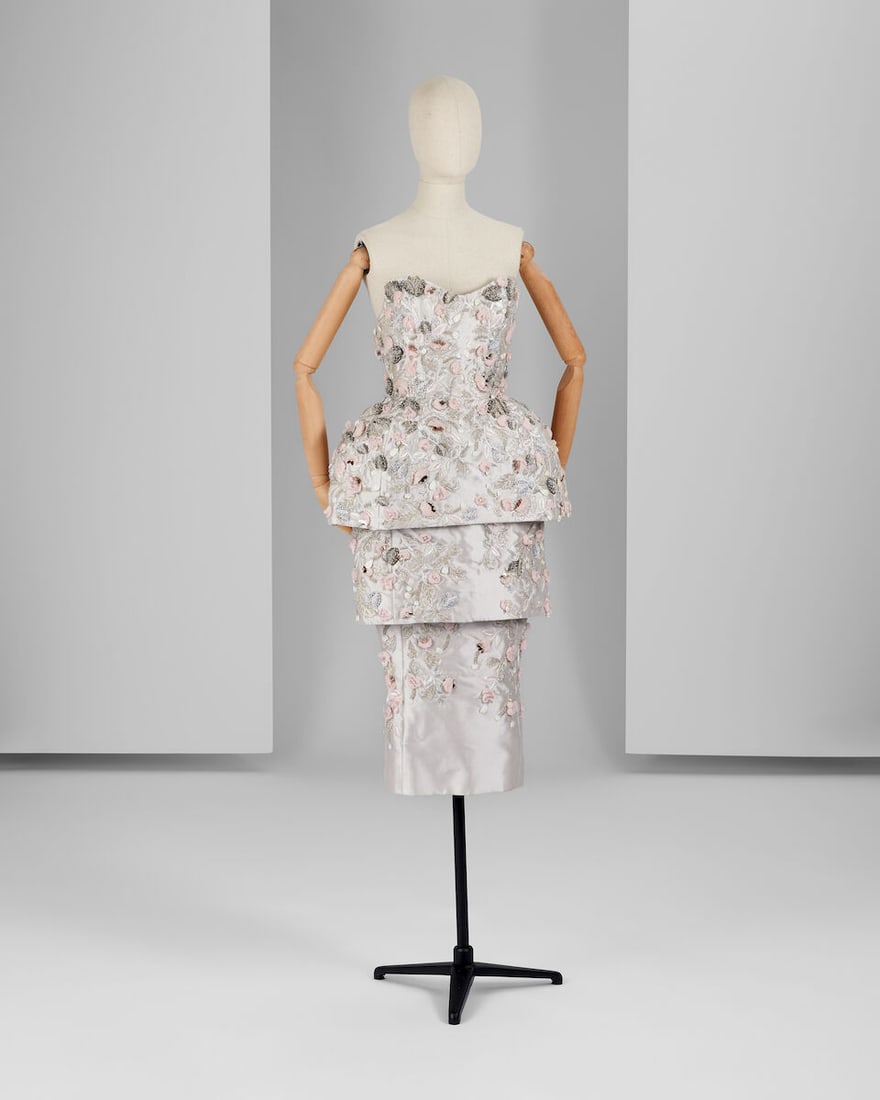 Ralph & Russo Haute Couture: Spring/Summer 2015, Runway Look 11: Ralph & Russo Haute Couture: Spring/Summer 2015, Runway Look 11 Pale lavender silk zibeline peplum tiered pencil dress with floral thread-work and silk chiffon and metallic petals embellishment Ap