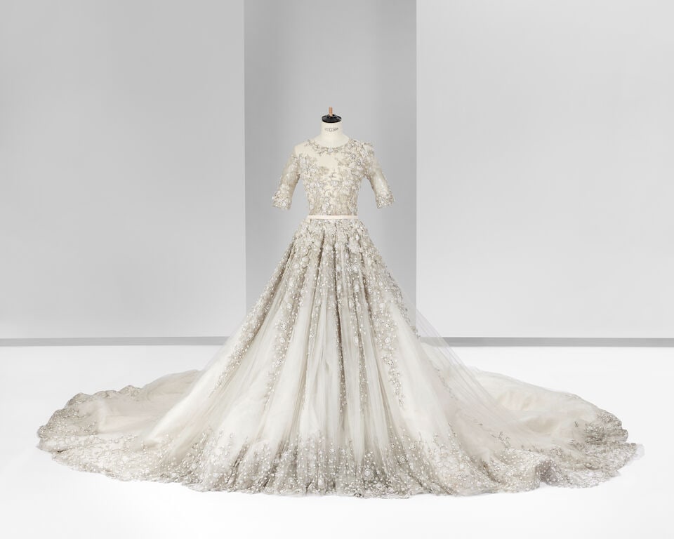 Ralph & Russo Haute Couture: Off-White Silk Tulle Embellished Bridal Gown Autumn/Winter 2014, Ru: Ralph & Russo Haute Couture: Off-White Silk Tulle Embellished Bridal Gown Autumn/Winter 2014, Runway Look 36 Off-white silk tulle bridal gown with metallic printed lace underskirt and cr