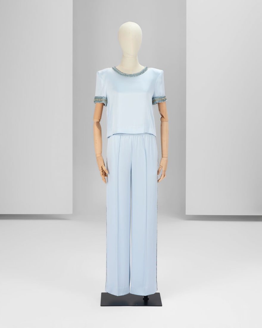Ralph & Russo Haute Couture Sportwear: Light Blue Silk Trousers and Top: Ralph & Russo Haute Couture Sportwear: Light Blue Silk Trousers and Top Light blue double silk satin soft trousers and short sleeved matching top with silk cord and crystals embellishments with 'n
