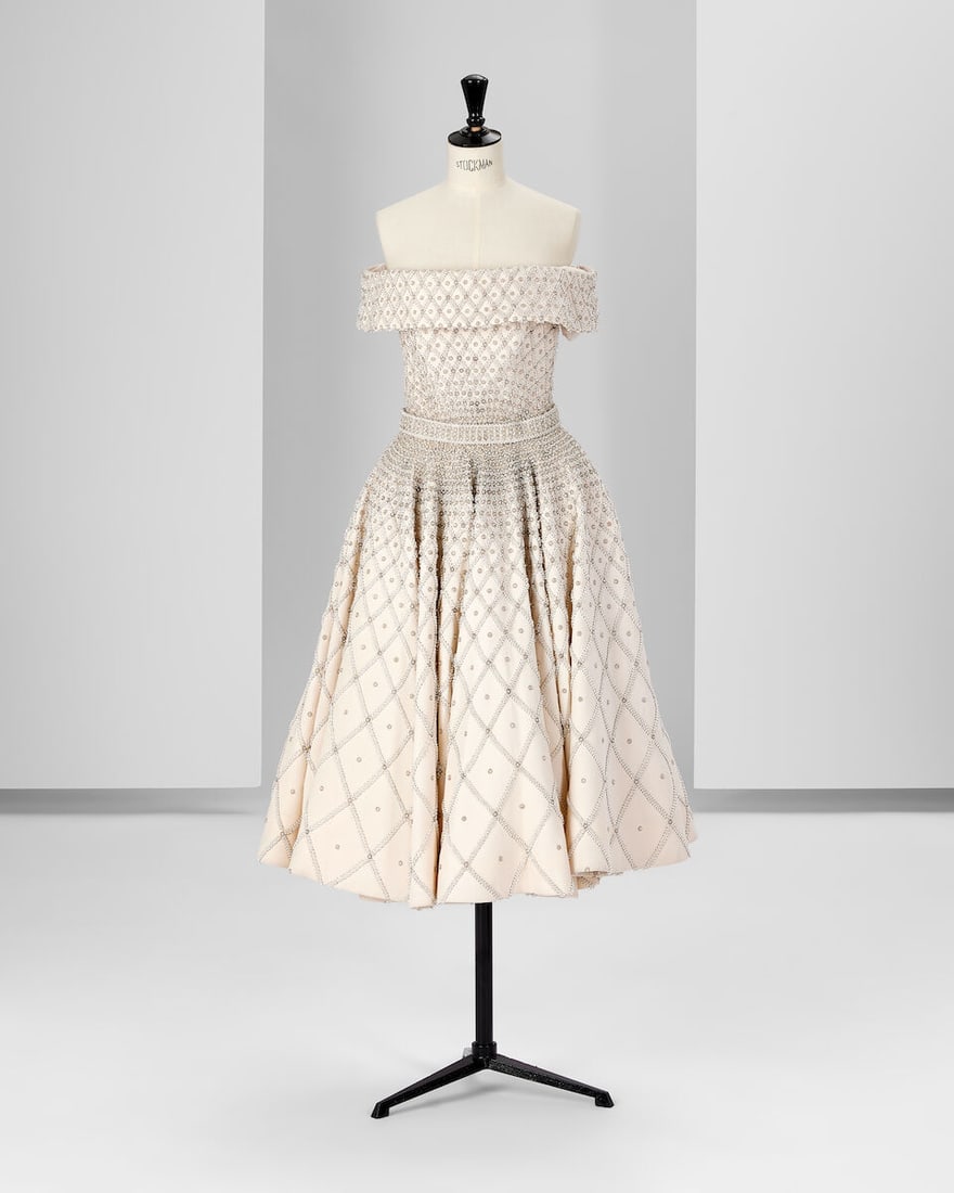 Ralph & Russo Haute Couture: Off-White Wool Crêpe Embellished Dress Autumn/Winter 2014, Ru: Ralph & Russo Haute Couture: Off-White Wool Crêpe Embellished Dress Autumn/Winter 2014, Runway Look 6 Off-white wool crêpe off-the-shoulder dress with pearl and crystal embellishment App