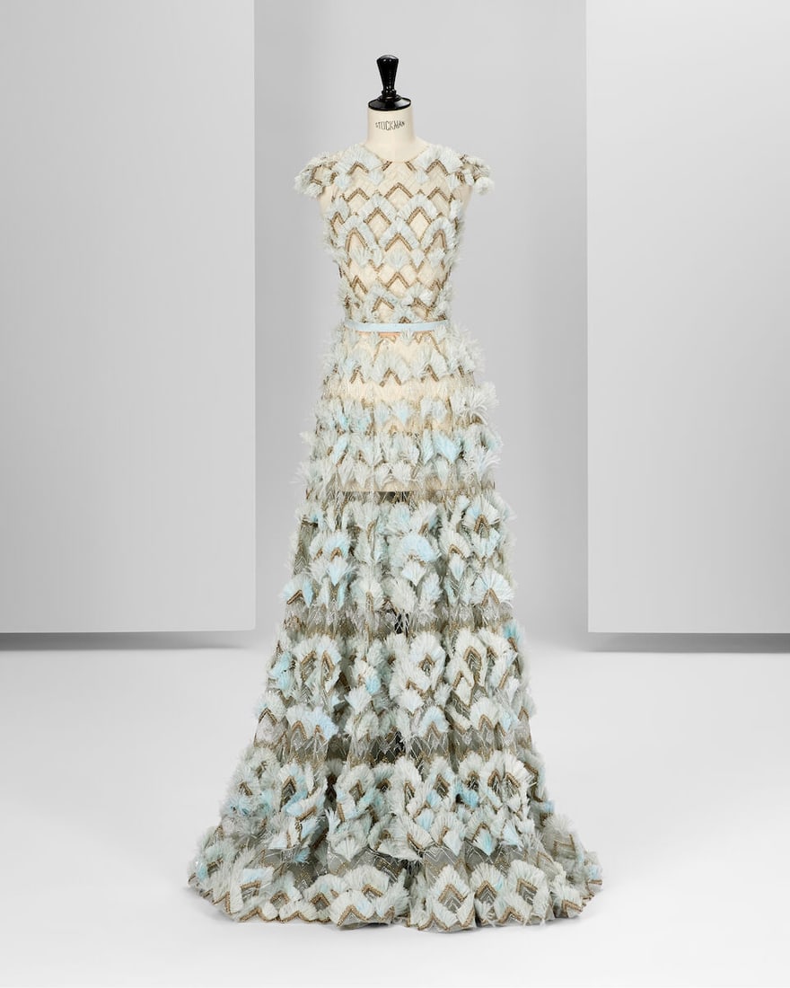 Ralph & Russo Haute Couture: Pale Cyan Chantilly Lace and Feather Gown Spring/Summer 2017, Runwa: Ralph & Russo Haute Couture: Pale Cyan Chantilly Lace and Feather Gown Spring/Summer 2017, Runway Look 46 Pale cyan Chantilly lace gown hand appliquéd with trimmed ostrich feathers, metallic