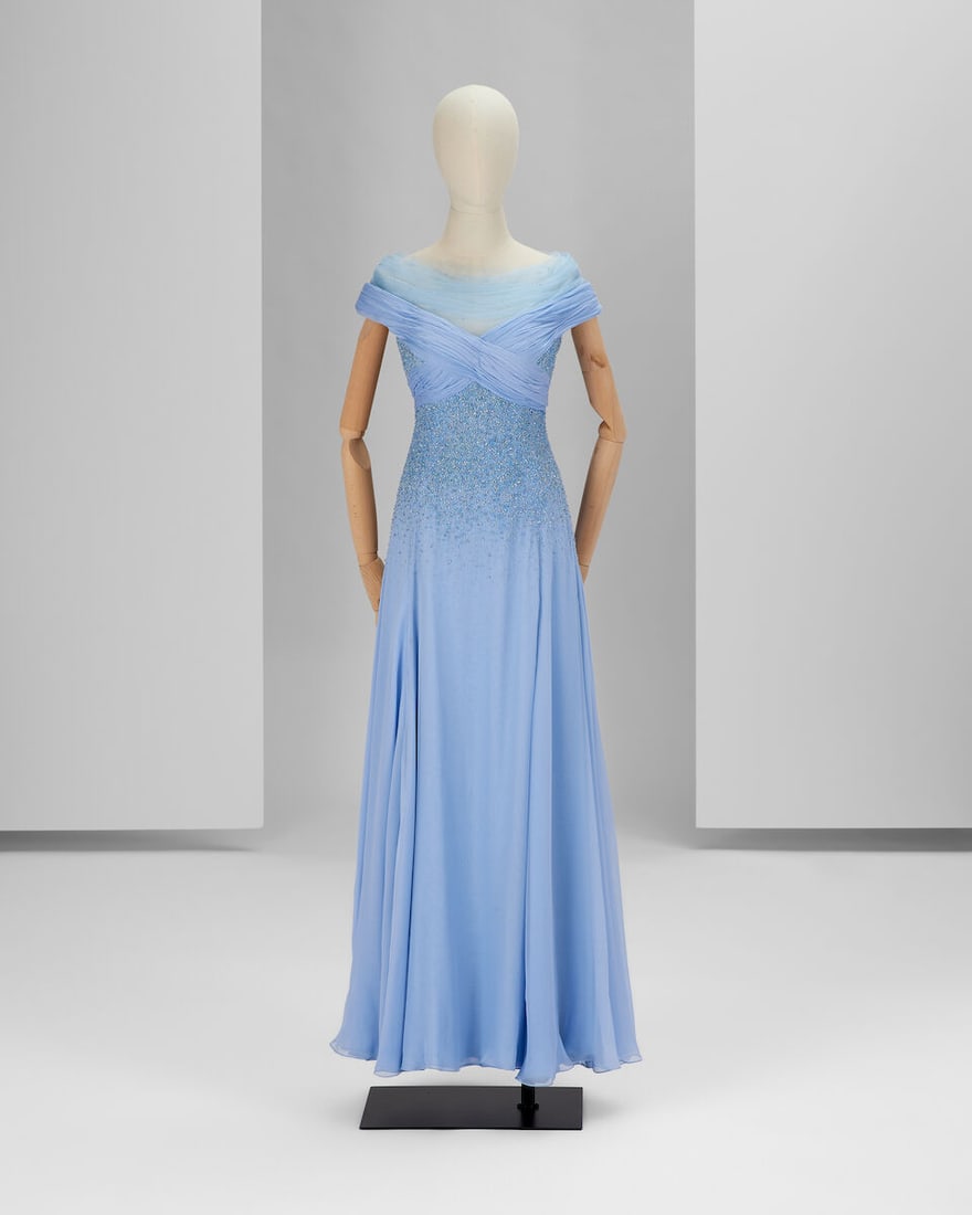 Ralph & Russo Haute Couture Exclusive: Light Blue Chiffon Gown: Ralph & Russo Haute Couture Exclusive: Light Blue Chiffon Gown Light blue double layered silk chiffon long gown with hand pleating motif across the shoulders and sheer tulle drape around the