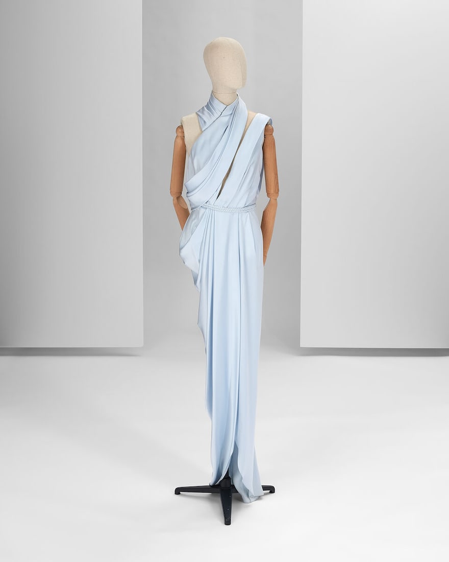 Ralph & Russo Haute Couture: Pale Blue Silk Satin Gown Autumn/Winter 2016, Runway Look 39: Ralph & Russo Haute Couture: Pale Blue Silk Satin Gown Autumn/Winter 2016, Runway Look 39 Pale blue silk double satin gown, asymmetrically draped with open back, keyhole front and braided