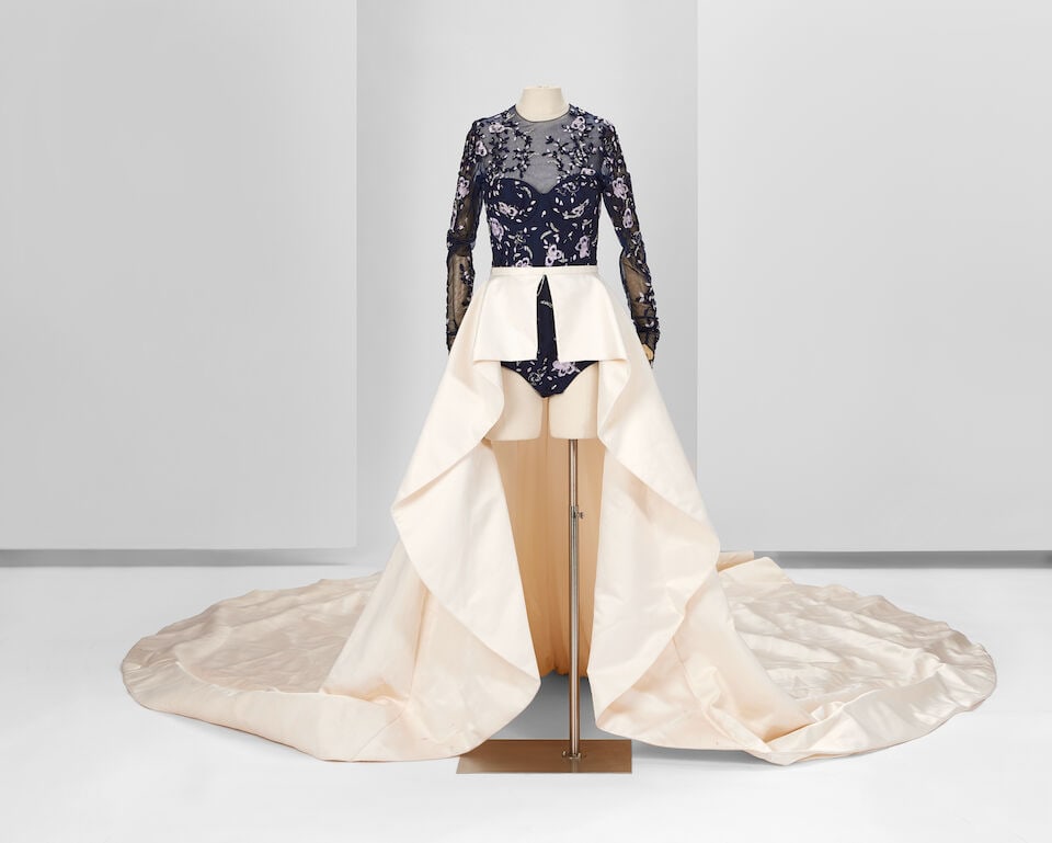 Ralph & Russo Haute Couture: Off-White Duchess Satin Overskirt with Navy Bodysuit Bodysuit: Autu: Ralph & Russo Haute Couture: Off-White Duchess Satin Overskirt with Navy Bodysuit Bodysuit: Autumn/Winter 2016, Runway Look 14 Exclusive off-white long overskirt, together with a navy sheer tulle