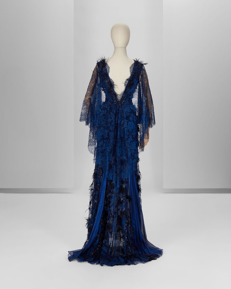 Ralph & Russo Haute Couture: Metallic Sapphire Chantilly Lace Gown Autumn/Winter 2017, Runway Lo: Ralph & Russo Haute Couture: Metallic Sapphire Chantilly Lace Gown Autumn/Winter 2017, Runway Look 44 Metallic sapphire Chantilly lace and organza gown with ostrich feather, glass bead and sa