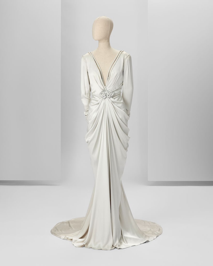 Ralph & Russo Haute Couture: Ice Grey Silk Satin Gown Autumn/Winter 2016, Runway Look 9: Ralph & Russo Haute Couture: Ice Grey Silk Satin Gown Autumn/Winter 2016, Runway Look 9 Ice grey double silk satin gown with plunging neckline, with a braided knot and trims and open back Approxim