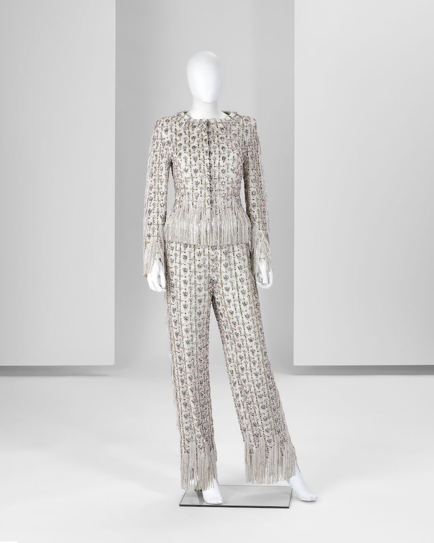 Ralph & Russo Haute Couture: Pale Mint Embroidered Trouser Suit Spring/Summer 2020, Runway Look : Ralph & Russo Haute Couture: Pale Mint Embroidered Trouser Suit Spring/Summer 2020, Runway Look 17 Pale mint silk crêpe tailleur embellished with lavender and emerald crystals in a geometric