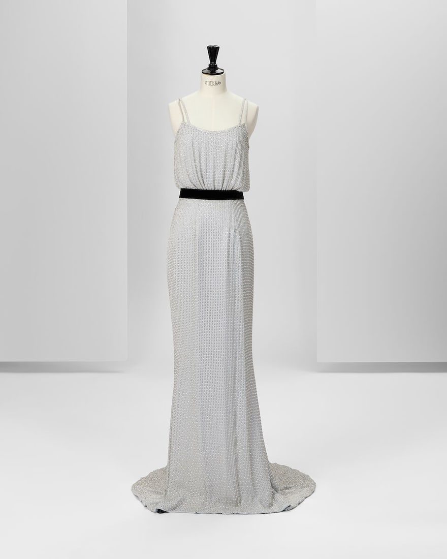 Ralph & Russo Haute Couture: Pale Blue Silk Georgette Embellished Gown with Black Velvet Belt Sp: Ralph & Russo Haute Couture: Pale Blue Silk Georgette Embellished Gown with Black Velvet Belt Spring/Summer 2014, Runway Look 19 Fishtail gown with puddle train in double silk georgette embroidere