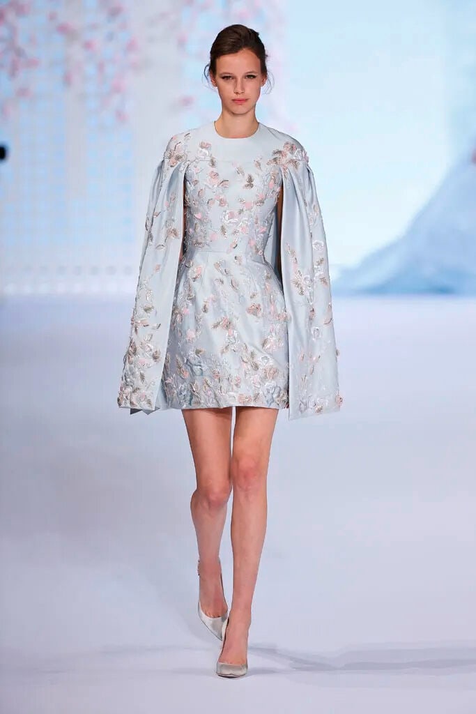 Ralph & Russo Haute Couture: Ice Blue Silk Zibeline Caped Mini Dress Spring/Summer 2016, Runway  - 4