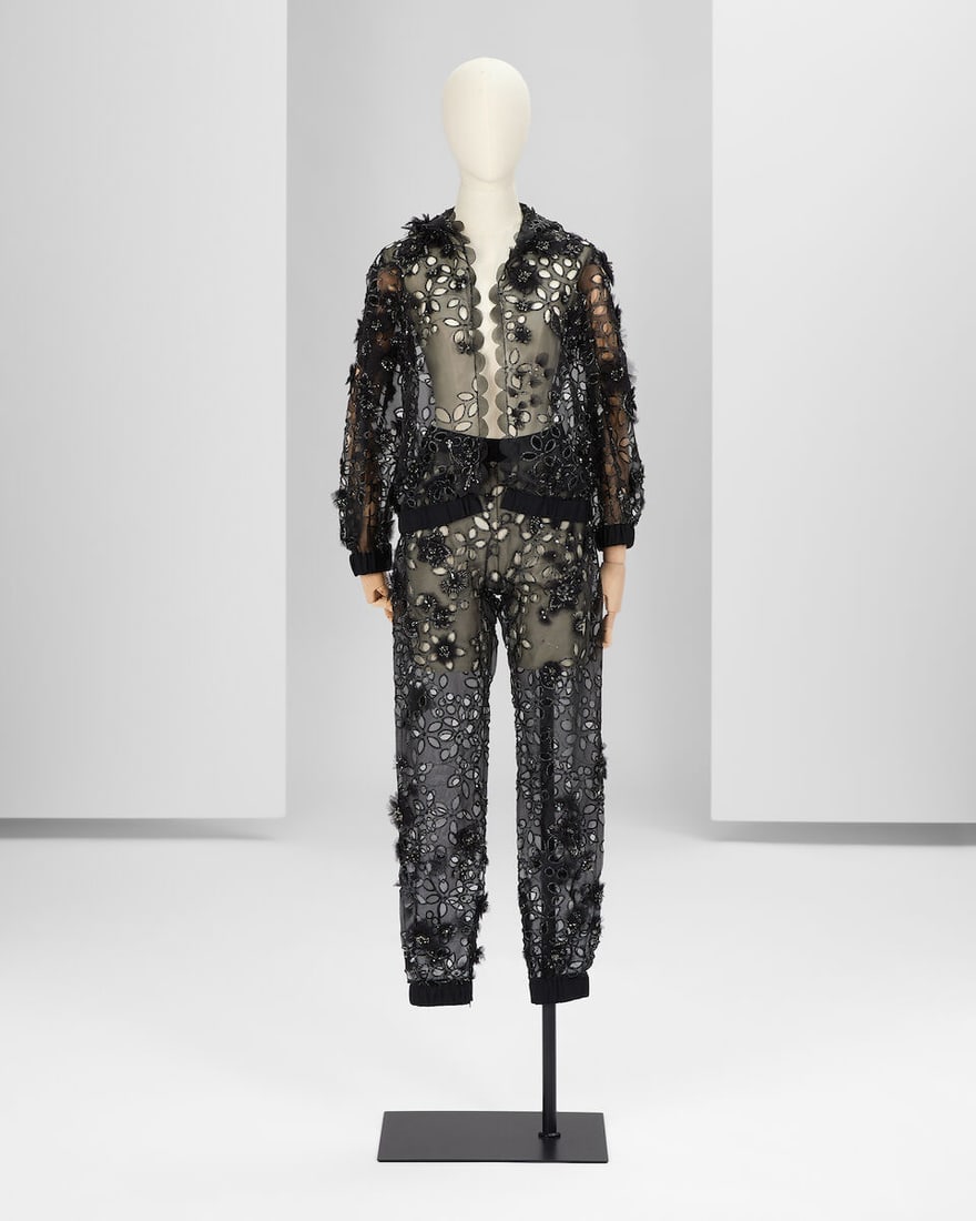 Ralph & Russo Haute Couture Exclusive: Black Embellished Hoodie Set: Ralph & Russo Haute Couture Exclusive: Black Embellished Hoodie Set Black sporty bomber jacket with hood in crystal embellished open cut work silk gazar, elasticated band at waist and cuffs, front