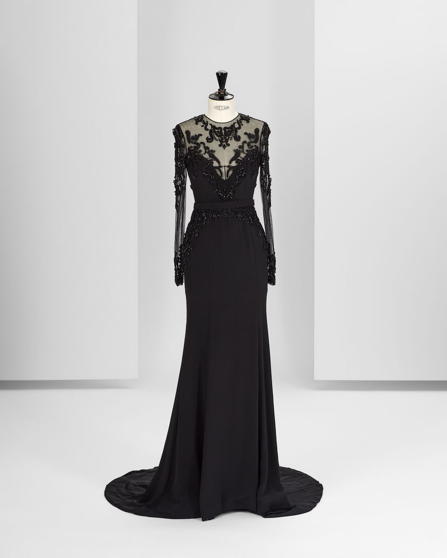 Ralph & Russo Haute Couture Exclusive: Black Silk Crêpe Corset Gown: Ralph & Russo Haute Couture Exclusive: Black Silk Crêpe Corset Gown Black silk crêpe corset fishtail gown with black long sleeved sheer tulle top, hand embroidered with black pearls, dro