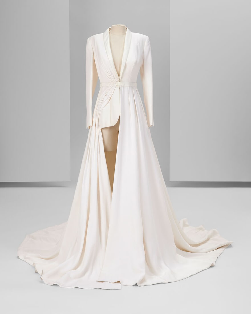 Ralph & Russo Haute Couture Exclusive: Snow White Silk Crepe Tuxedo Coat: Ralph & Russo Haute Couture Exclusive: Snow White Silk Crepe Tuxedo Coat Snow white silk crepe cady long tuxedo coat with asymmetric drape Approximate measurements: Shoulder 16', chest 37', waist
