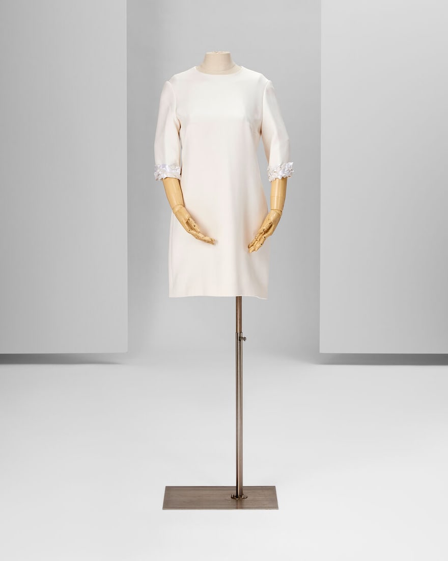 Ralph & Russo Haute Couture Exclusive: Off White Light Silk Crepe Mini Dress: Ralph & Russo Haute Couture Exclusive: Off White Light Silk Crepe Mini Dress Off-white light silk crepe mini dress with three-quarter length sleeves, embellished with handmade and hand-stitched si