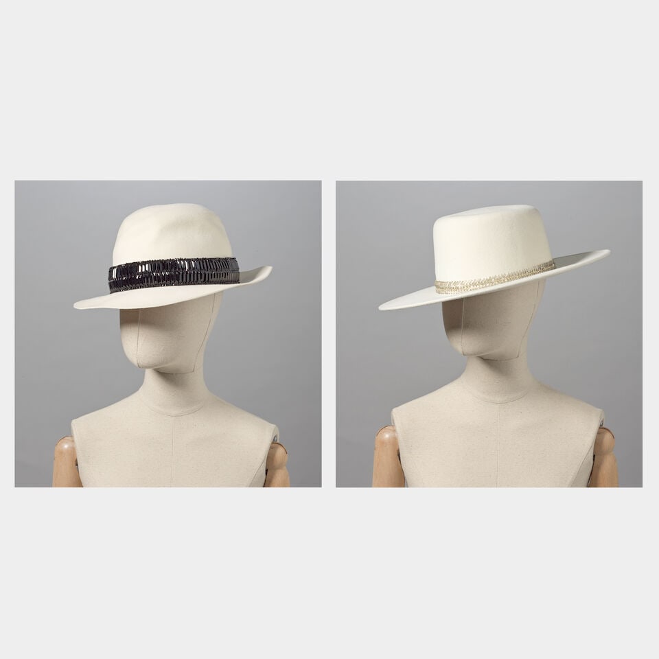 Ralph & Russo: Two Cream Fedora Hats: Ralph & Russo: Two Cream Fedora Hats One with a band of black crystal baguettes, the other with threadwork in a zig-zag motif embellished with silver glass tubes (2) Black crystal example labelled