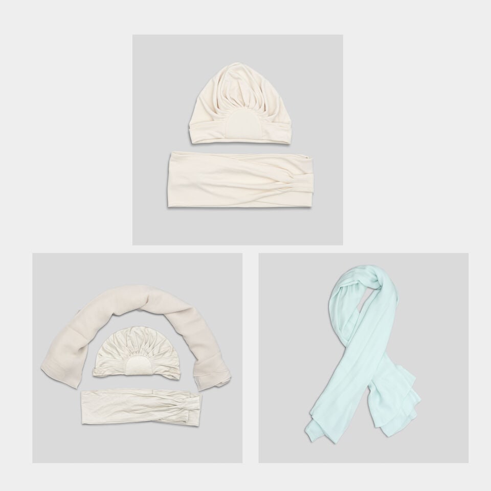 Ralph & Russo Haute Couture Exclusive: Silk Jersey Turbans, Belts and Chiffon Scarf: Ralph & Russo Haute Couture Exclusive: Silk Jersey Turbans, Belts and Chiffon Scarf -One off white soft turban with matching belt -One pearl grey soft turban with matching belt and silk chiffon