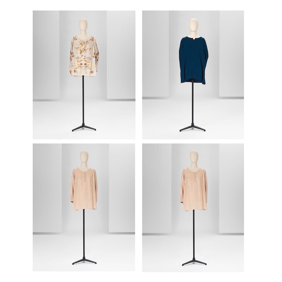 Ralph & Russo Haute Couture Exclusive: Set of Four Silk Blouses: Ralph & Russo Haute Couture Exclusive: Set of Four Silk Blouses Set of four blouses in light silk crêpe in navy blue, dusty pink, light beige and a brown/beige floral print, with wide round n