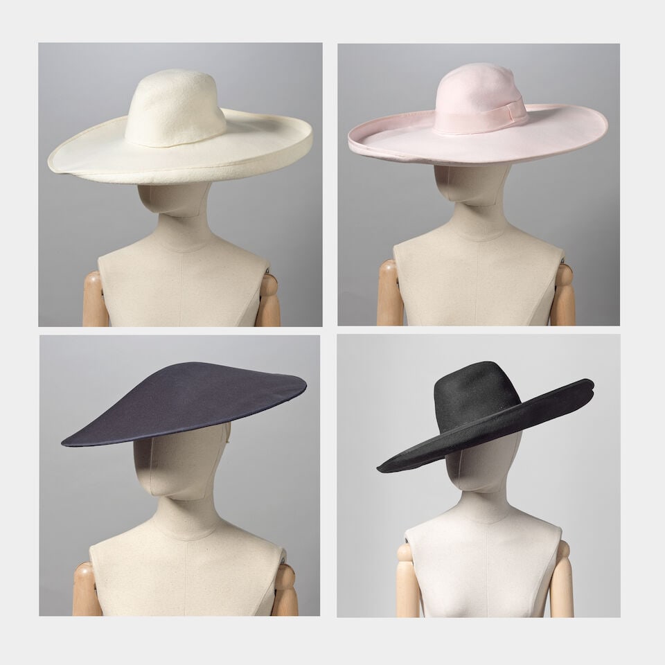 Ralph & Russo: Four Hats: Ralph & Russo: Four Hats To include a white felt wide brimmed hat, Spring/Summer 2019, Runway Look 5, a pale pink felt wide brimmed hat, a black felt wide brimmed hat and a black silk faille conic