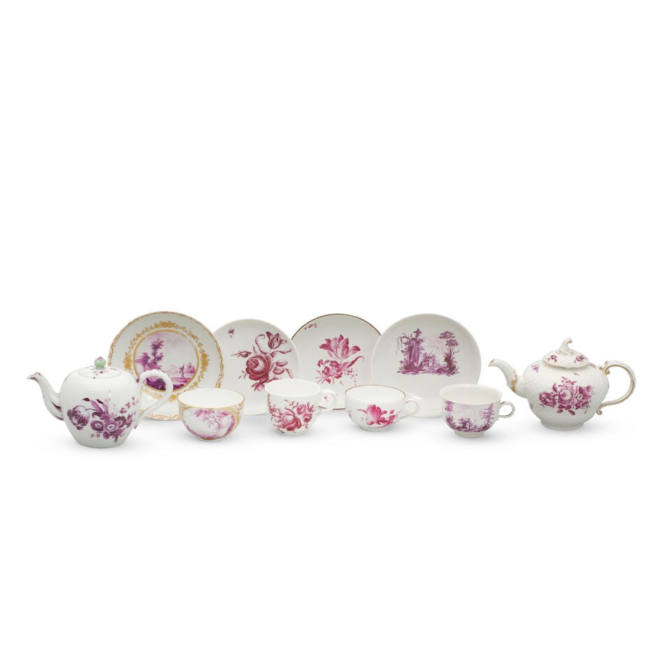 A group of European porcelain tea wares with puce decoration, 18th and 19th century (1 of 1)