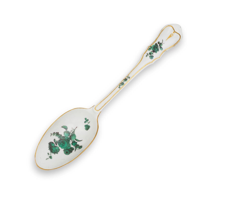 A large Meissen serving spoon, circa 1750-60: A large Meissen serving spoon, circa 1750-60 Painted with flower sprigs and scattered blooms in shades of copper-green, the edges gilt, 31.1cm long Footnotes: Provenance: Anon. sale in these Rooms, 18