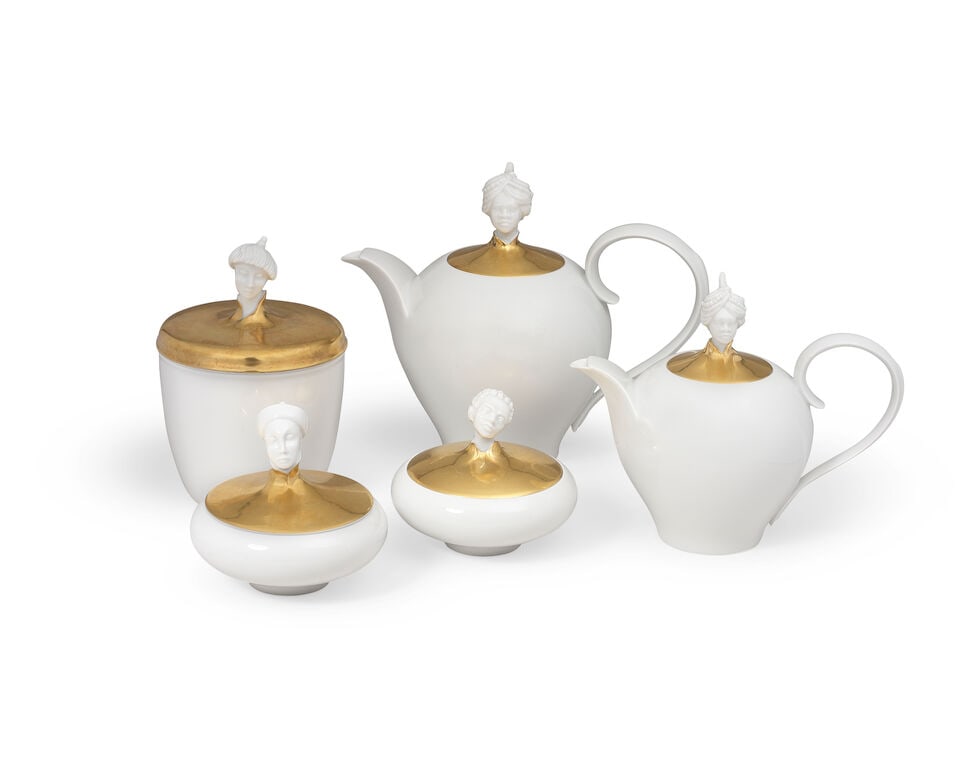 A Vienna, Augarten, tea service, circa 2000: A Vienna, Augarten, tea service, circa 2000 Comprising two teapots and covers, two low sugarbowls with covers, and one high sugarbowl and cover, all with Türkenkopf finials and gilding low sugarb