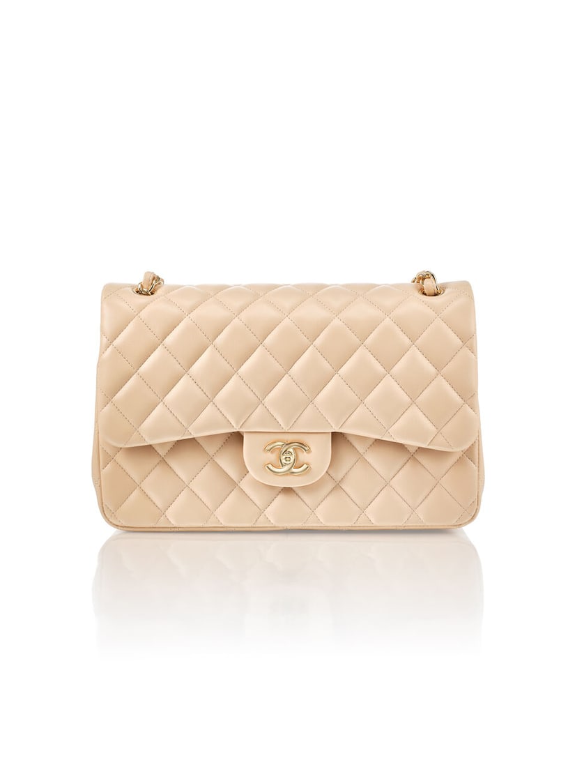(NO RESERVE) CHANEL: BEIGE LAMBSKIN JUMBO CLASSIC DOUBLE FLAP WITH GOLD TONED HARDWARE (Includes...: (NO RESERVE) CHANEL: BEIGE LAMBSKIN JUMBO CLASSIC DOUBLE FLAP WITH GOLD TONED HARDWARE Circa
