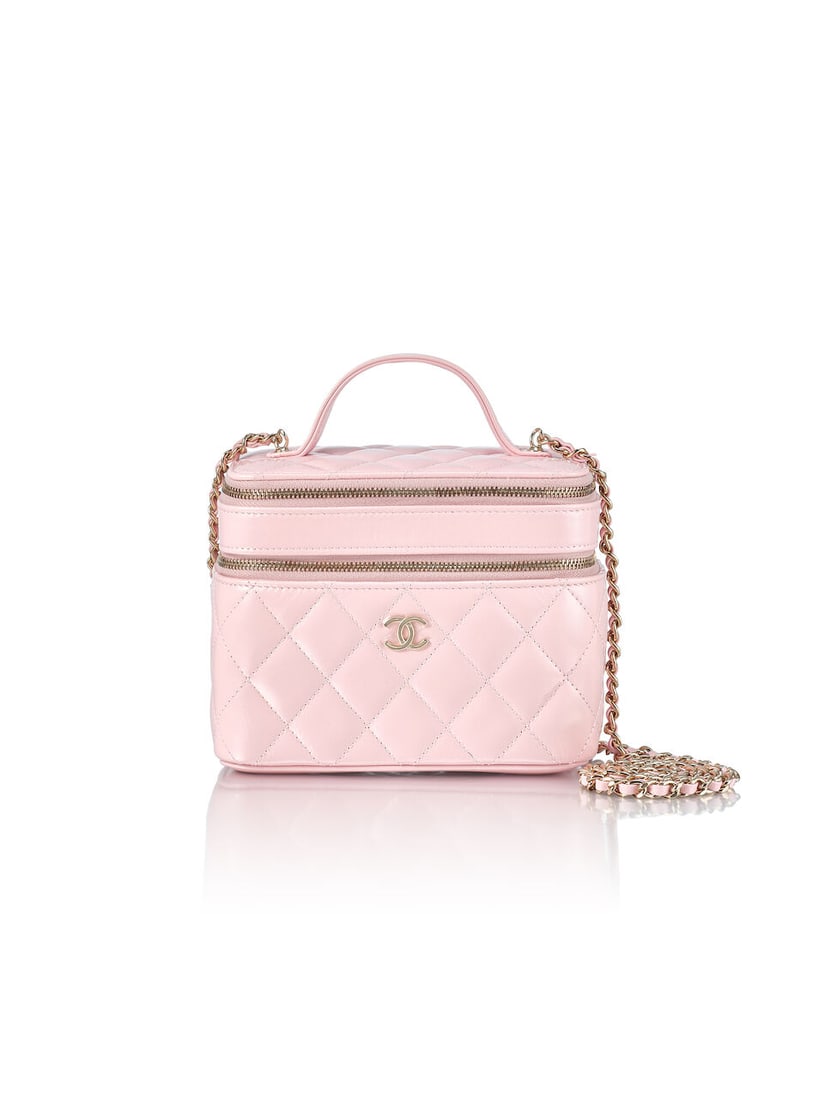 (NO RESERVE) CHANEL: PINK SHINY LAMBSKIN TOP HANDLE DOUBLE VANITY CASE WITH GOLD TONED HARDWARE ...: (NO RESERVE) CHANEL: PINK SHINY LAMBSKIN TOP HANDLE DOUBLE VANITY CASE WITH GOLD TONED HARDWARE Circa