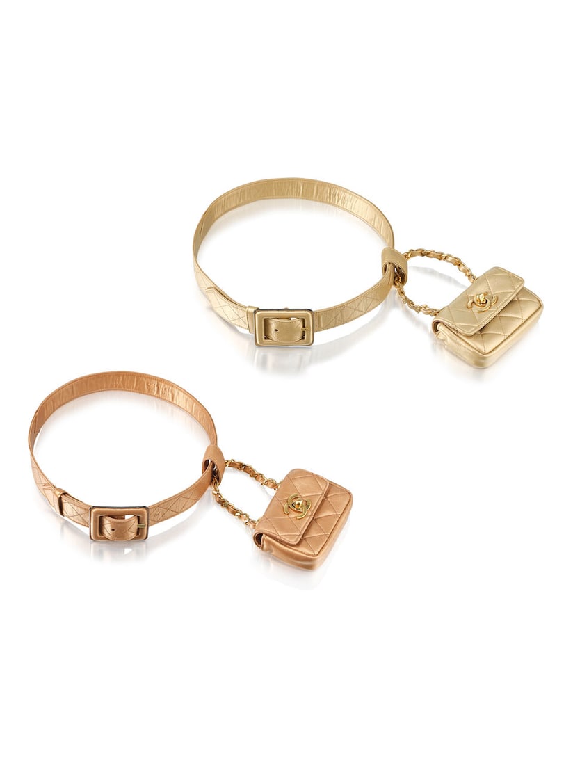 (NO RESERVE) CHANEL: A SET OF 2 VINTAGE GOLD AND BRONZE METALLIC LAMBSKIN MICRO BELT BAGS (Inclu...: (NO RESERVE) CHANEL: A SET OF 2 VINTAGE GOLD AND BRONZE METALLIC LAMBSKIN MICRO BELT BAGS Circa