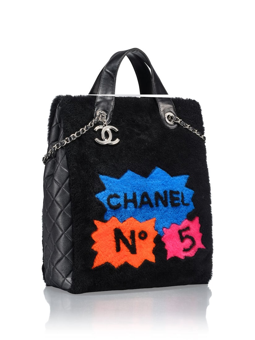 CHANEL: LIMITED EDITION BLACK SHEARLING N°5 POP ART GRAFFITI TOTE WITH SILVER TONED HARDWAR... - 2