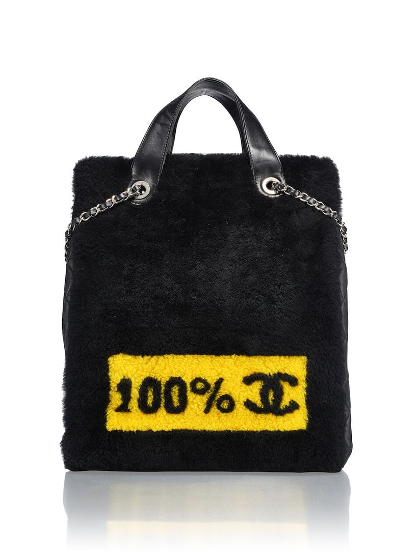 CHANEL: LIMITED EDITION BLACK SHEARLING N°5 POP ART GRAFFITI TOTE WITH SILVER TONED HARDWAR... - 3