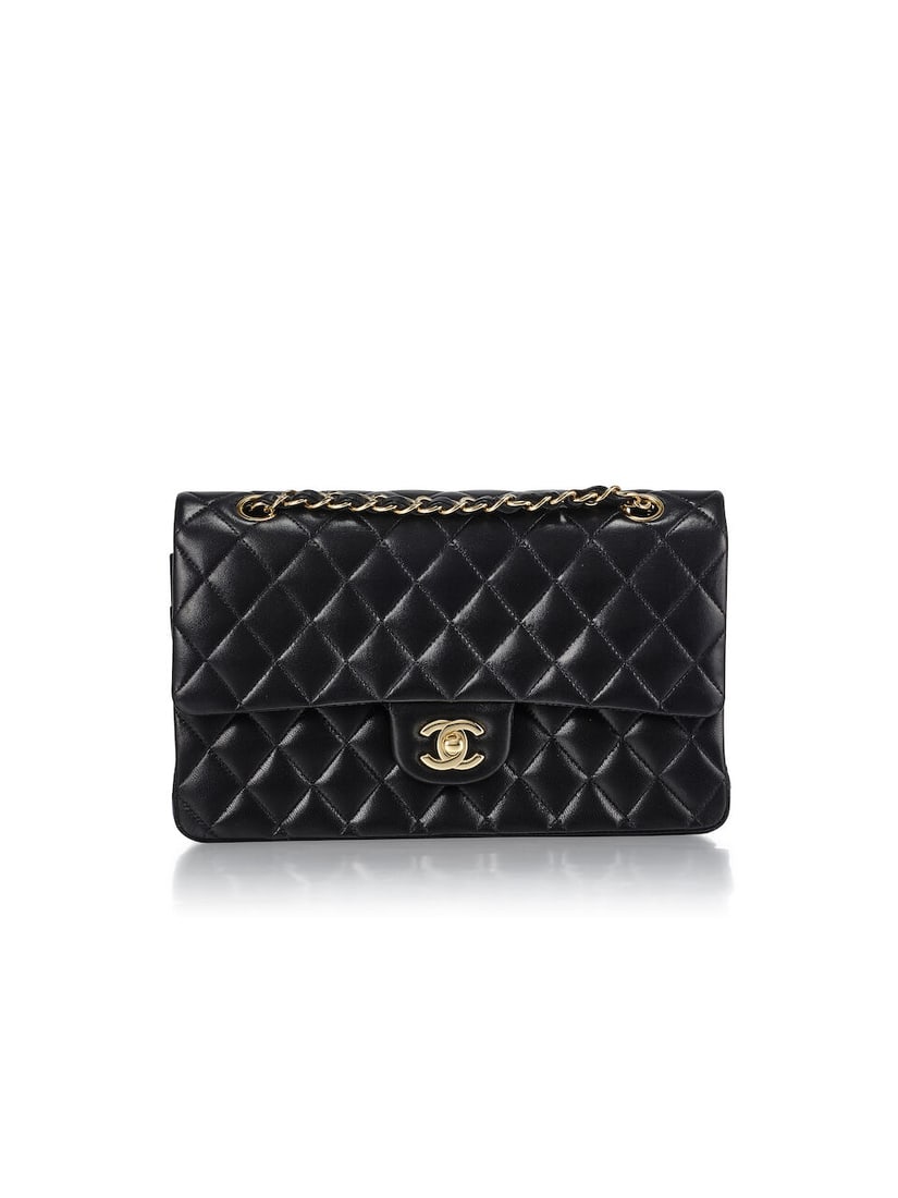 CHANEL: BLACK LAMBSKIN MEDIUM CLASSIC DOUBLE FLAP WITH GOLD TONED HARDWARE (Includes authenticit...: CHANEL: BLACK LAMBSKIN MEDIUM CLASSIC DOUBLE FLAP WITH GOLD TONED HARDWARE Circa