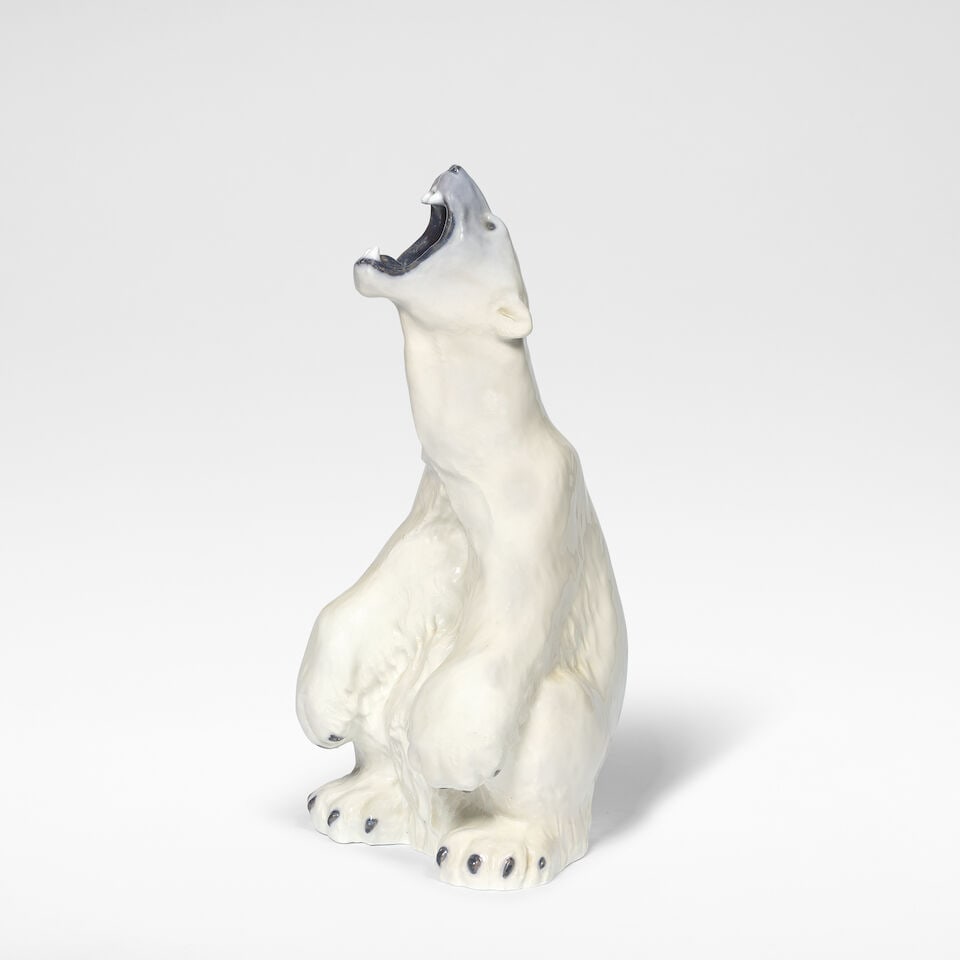 Carl Frederik Liisberg for Royal Copenhagen Roaring polar bear, sculpture, 1897: Carl Frederik Liisberg for Royal Copenhagen Roaring polar bear, sculpture, 1897 Glazed porcelain, production number 502. 32 cm high To the underneath stamped with factory marks, and signed and dated