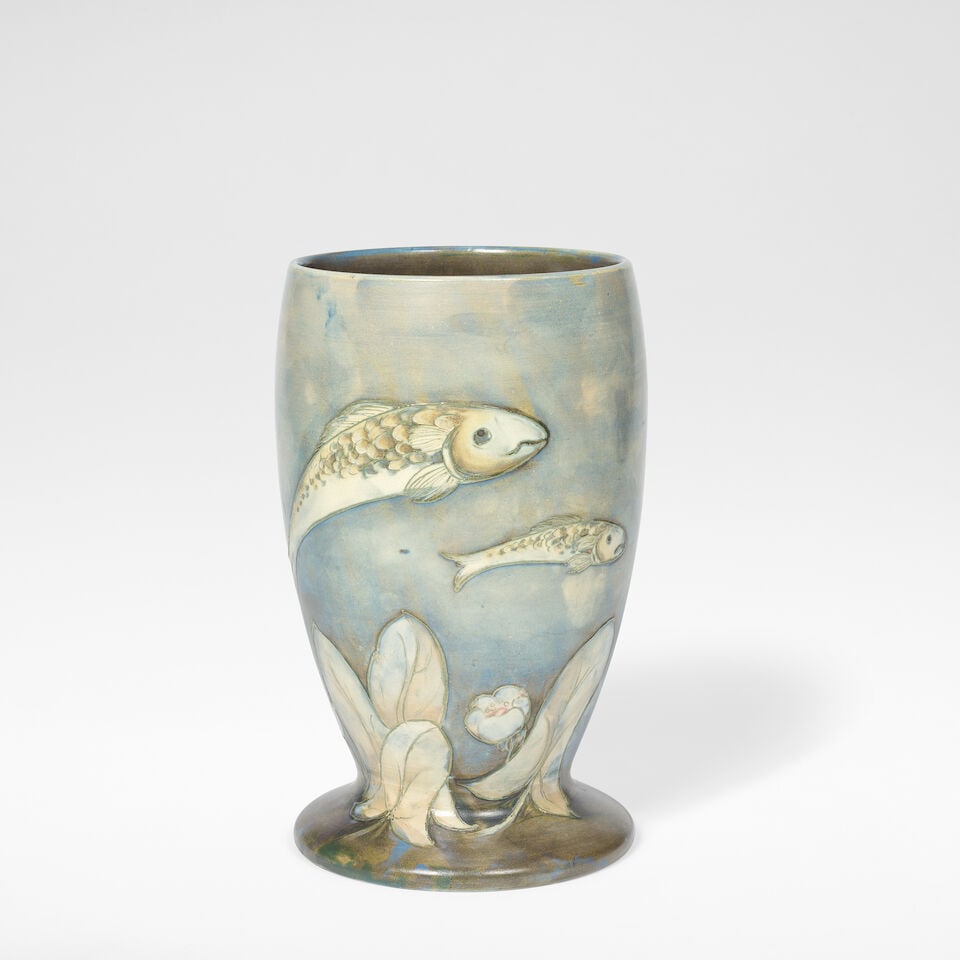 William Moorcroft Vase, circa 1930: William Moorcroft Vase, circa 1930 Salt-glazed stoneware, with tube-lined decoration of four fish in an underwater scene against a blue and green ground. 23.5 cm high, 13.5 cm diameter Underside