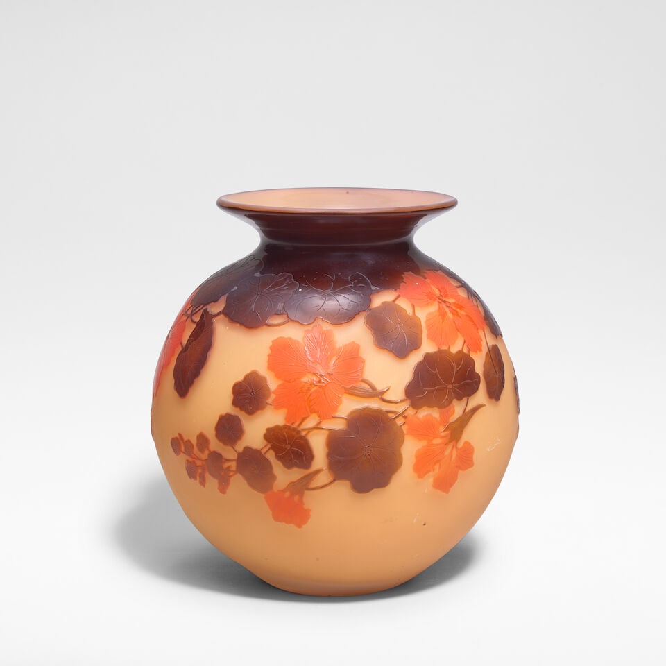 Établissements Gallé Vase, circa 1910: Établissements Gallé Vase, circa 1910 Multilayered cameo glass, acid etched with nasturtium flowers and foliage against a honey-coloured ground. 24 cm high, 22.5 cm diameter Intaglio