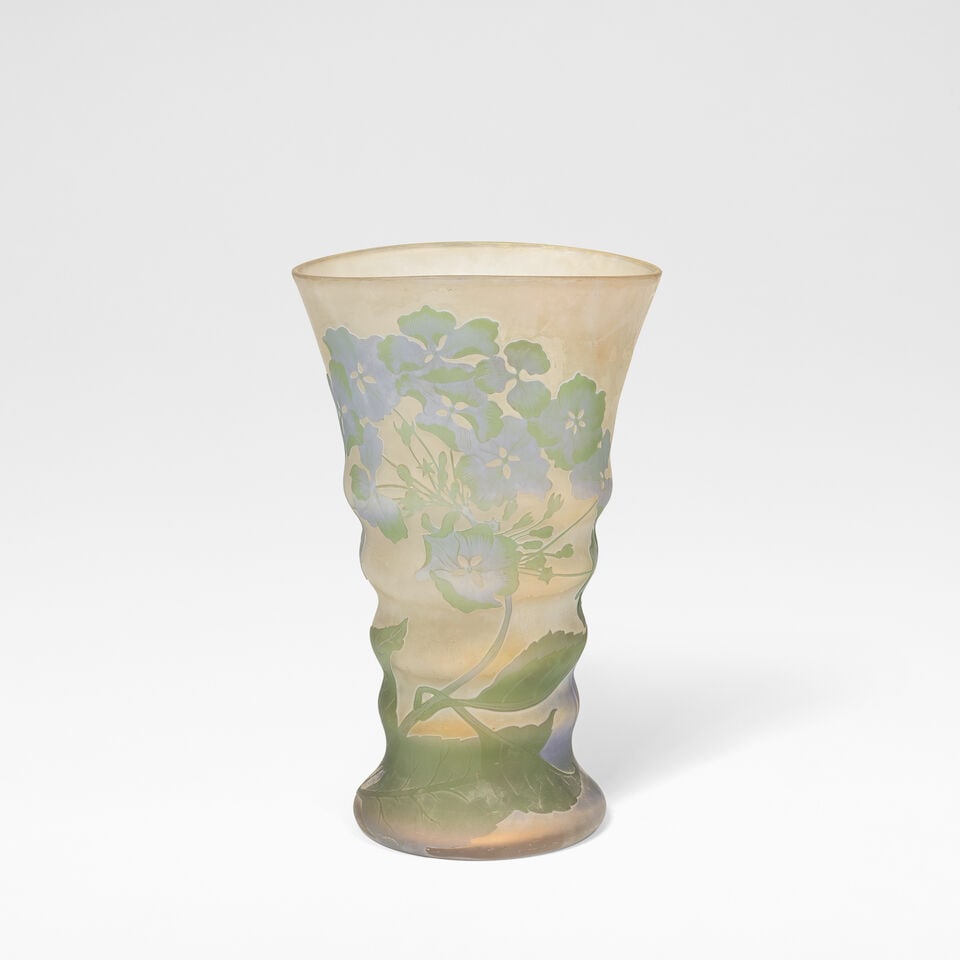 Établissements Gallé 'Hortensias' vase, circa 1910: Établissements Gallé 'Hortensias' vase, circa 1910 Cameo glass, acid-etched and decorated with hydrangea flowers and foliage, over a purple, brown and clear frosted ground. The interior acid