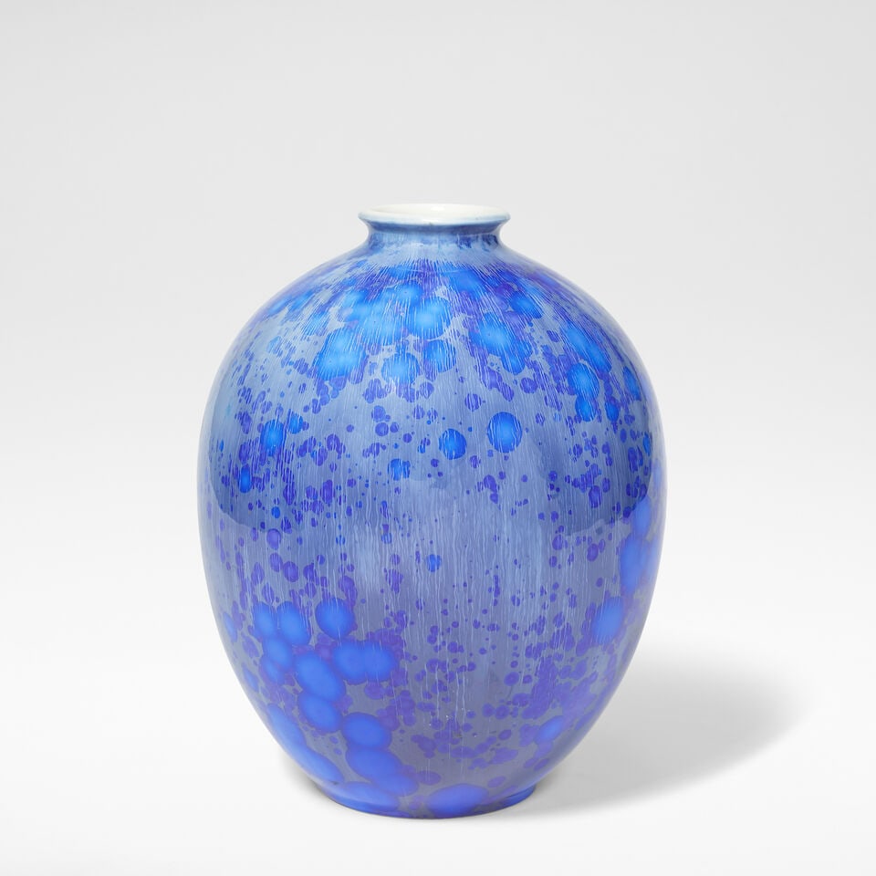 Søren Berg for Royal Copenhagen Vase, 1926: Søren Berg for Royal Copenhagen Vase, 1926 Porcelain, of ovoid form rising to a squat neck, decorated with blue crystalline glaze. 27 cm high, 19 cm diameter. Underneath with artist's monogram an