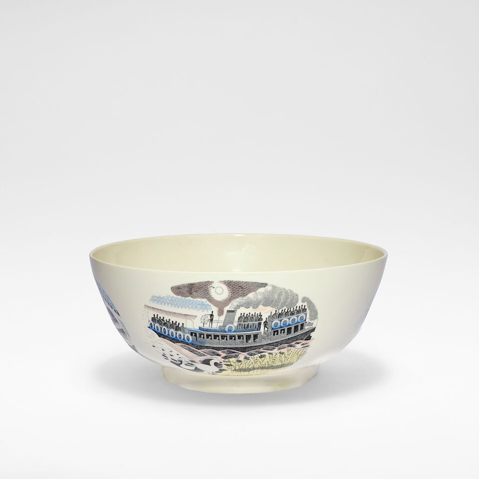 Eric Ravilious for Wedgwood 'The Boat Race Bowl', originally designed 1938, this example re-issu...: Eric Ravilious for Wedgwood 'The Boat Race Bowl', originally designed 1938, this example re-issued in 1975 Glazed earthenware, the exterior with three panels depicting three stages of a boat race,