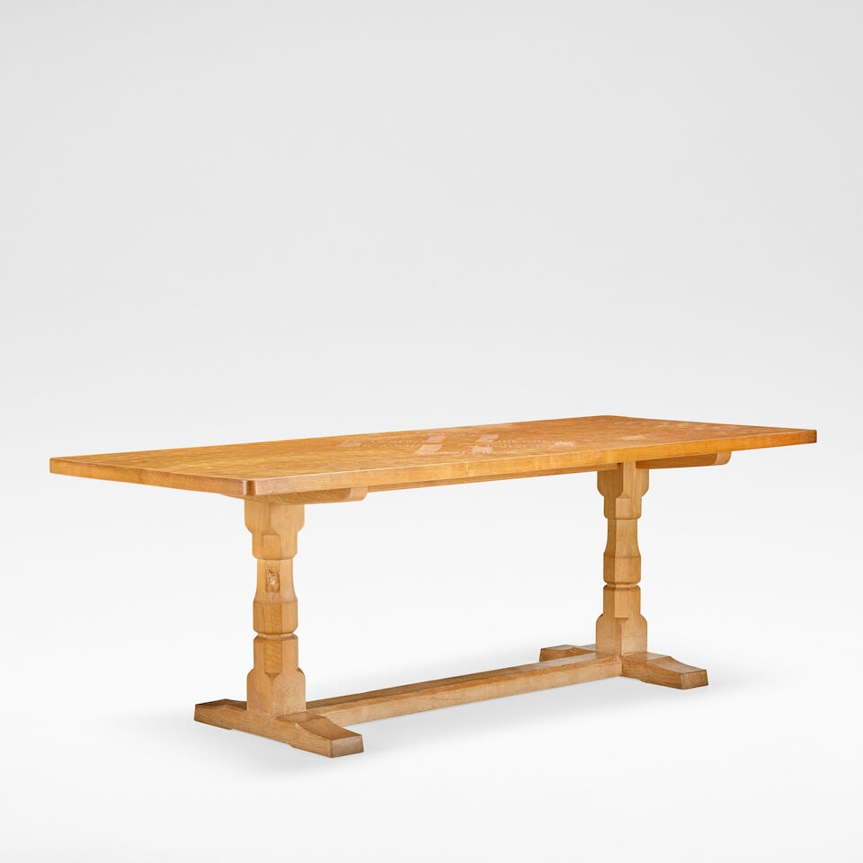 Robert 'Mouseman' Thompson Refectory table, circa 1950: Robert 'Mouseman' Thompson Refectory table, circa 1950 Oak, the rectangular adzed top with cruciform carving by Martin Wenham, raised on carved support terminating onto sledge supports joined by a